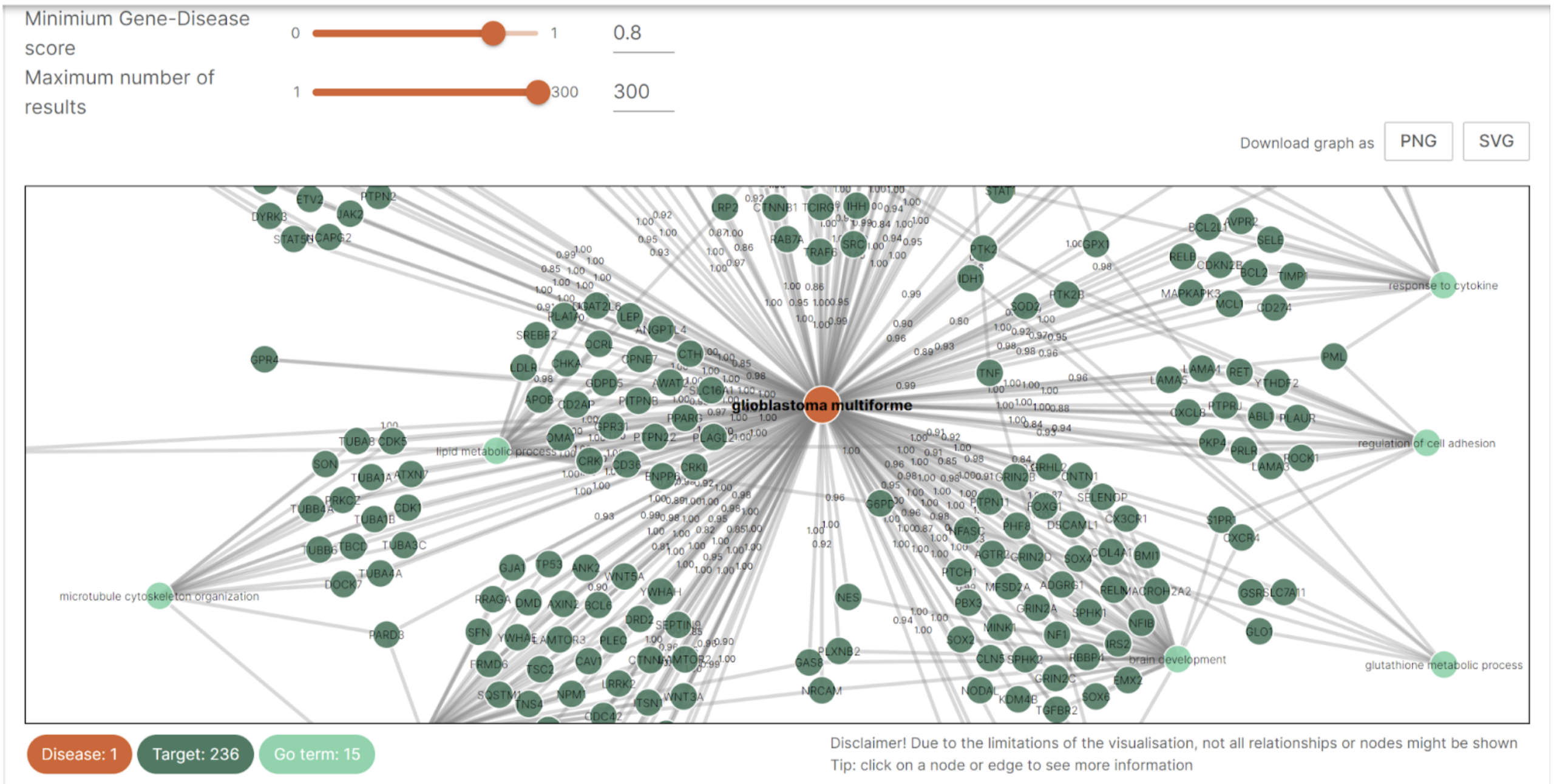 Figure 2: Screenshot of the GO term graph. Due to the visual limitations, it shows only some of the associations between the GO term, Target and Disease. Only Targets with a gene-disease score of >0.8 are considered.